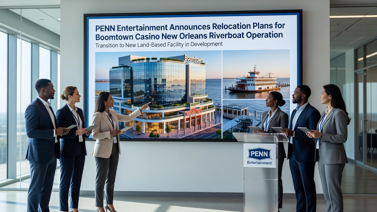 Construction rendering of modern landside casino exterior with gaming floor layout visible through architectural plans