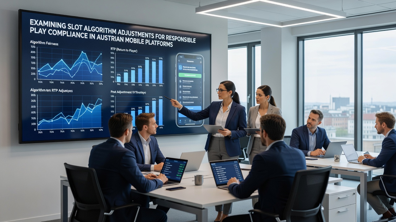 Developer reviewing slot algorithm code and compliance metrics on a laptop in an Austrian gaming studio